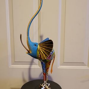 Metal Elephant Sculpture Hand Made Trunk Up 21"